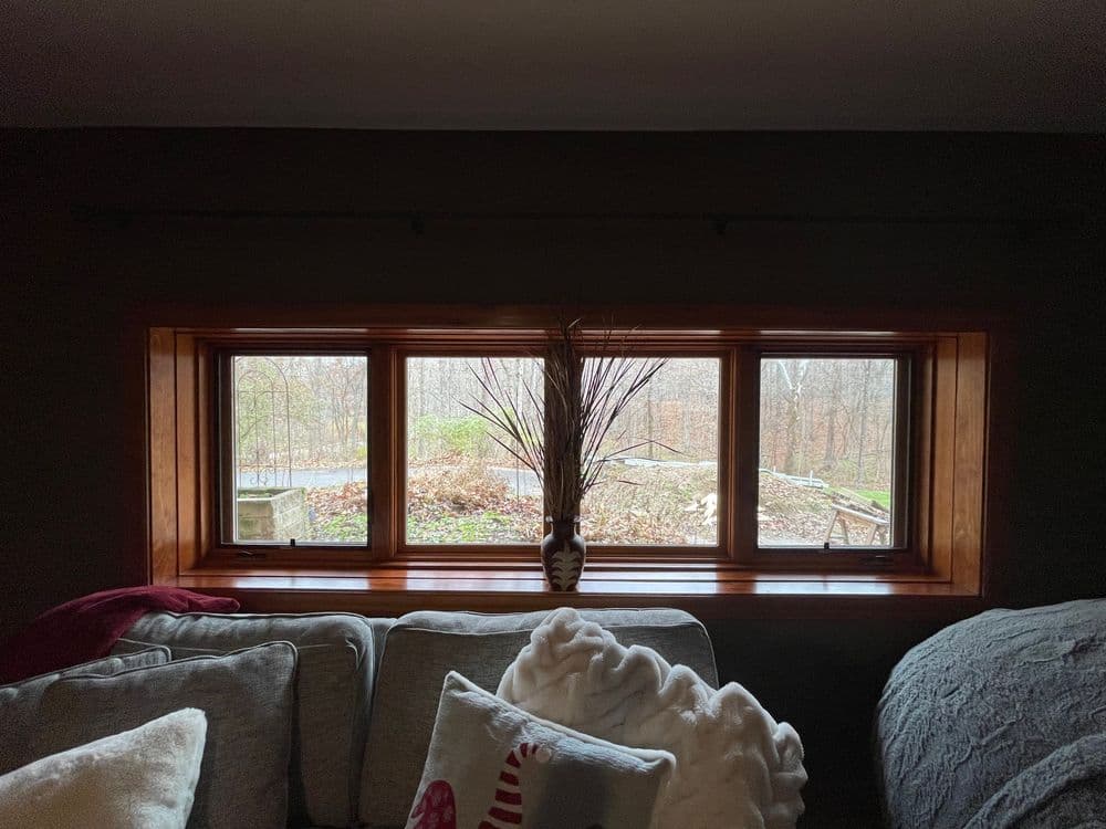 Cozy living room window with a view of a wooded landscape and decorative vase.